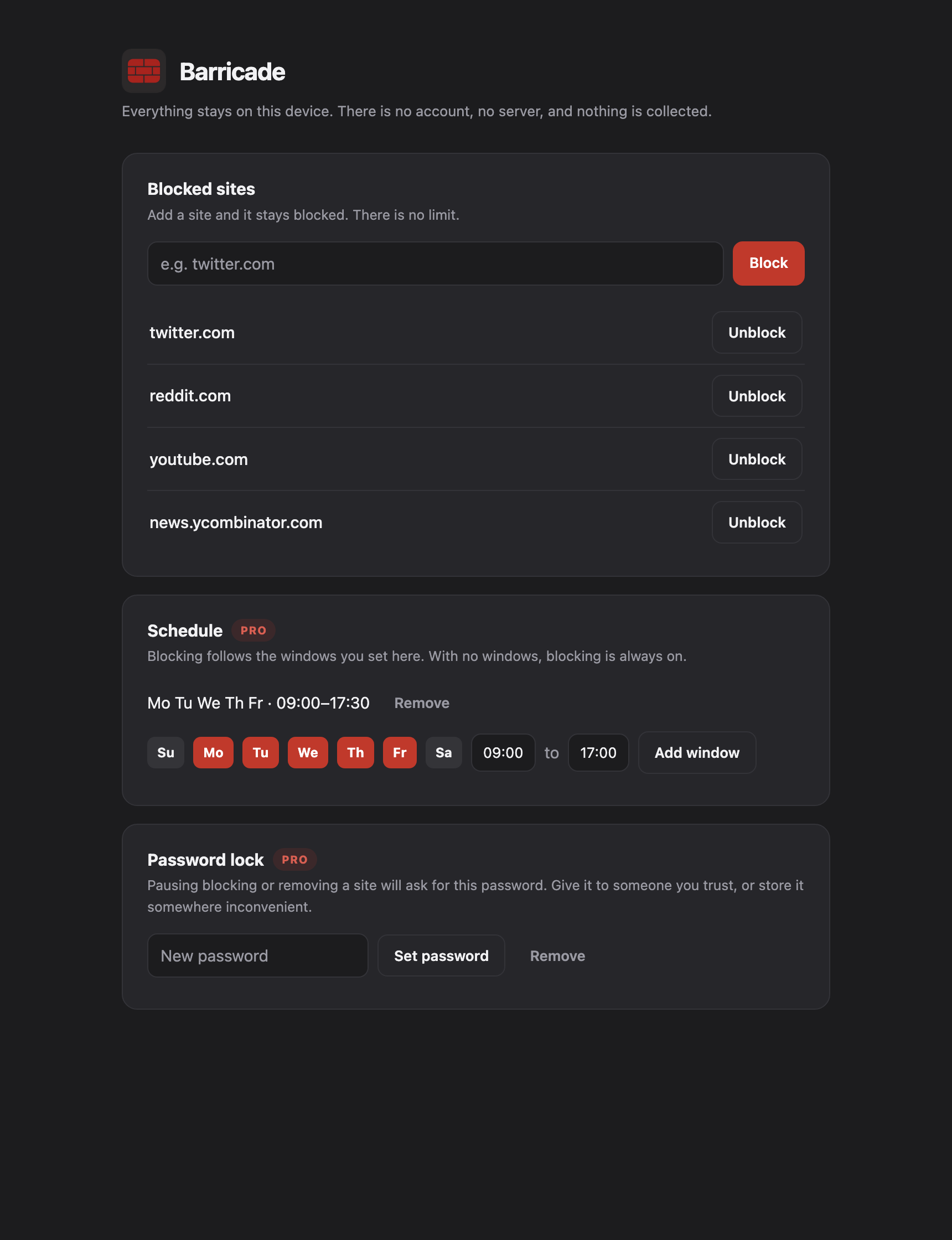 Barricade settings page showing the blocklist, schedule, and password lock